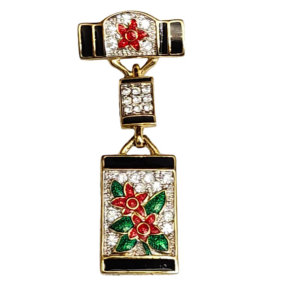 Gorgeous High End  Enamel Pave Dangle Poinsettia Flower Pin Brooch - Picture 1 of 3